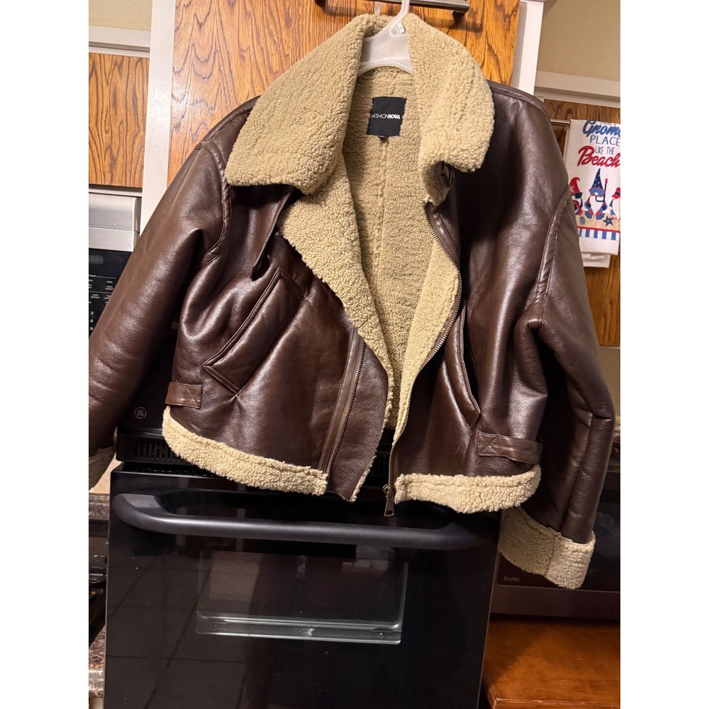 Fashion Nova Faux Leather Aviator Jacket Brown Shearling Lined XL FN14080